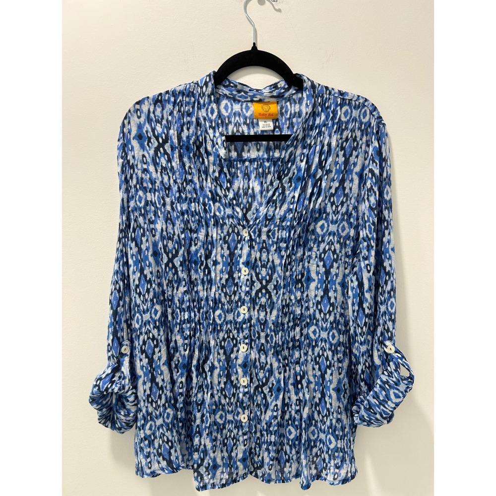 Ruby Rd Womens XL Blue Ikat Print Roll Tab Sleeve Button Up Pleated Blouse Top
